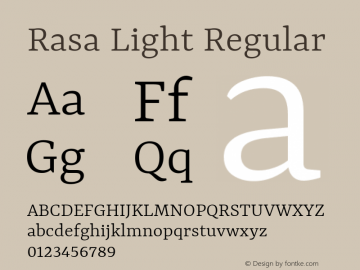 Rasa Light Regular Version 1.002;PS 1.001;hotconv 1.0.88;makeotf.lib2.5.647800; ttfautohint (v1.5)图片样张