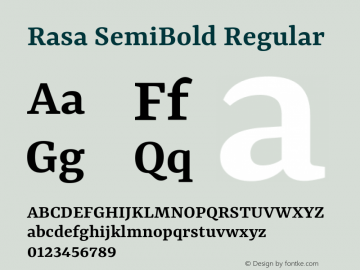 Rasa SemiBold Regular Version 1.002;PS 1.001;hotconv 1.0.88;makeotf.lib2.5.647800; ttfautohint (v1.5)图片样张