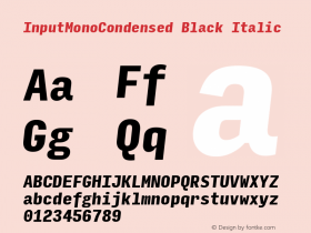 InputMonoCondensed Black Italic Version 0.000;PS 0.0;hotconv 1.0.72;makeotf.lib2.5.5900; ttfautohint (v0.9) Font Sample