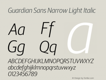 Guardian Sans Narrow Light Italic Version 1.001;PS 001.001;hotconv 1.0.57;makeotf.lib2.0.21895图片样张