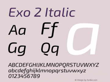 Exo 2 Italic Version 1.001;PS 001.001;hotconv 1.0.70;makeotf.lib2.5.58329; ttfautohint (v0.92) -l 8 -r 50 -G 200 -x 14 -w 