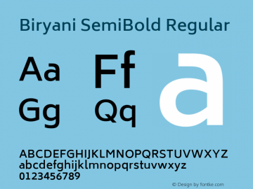 Biryani SemiBold Regular Version 1.004; ttfautohint (v1.1) -l 5 -r 5 -G 72 -x 0 -D latn -f none -w gGD -W -c图片样张