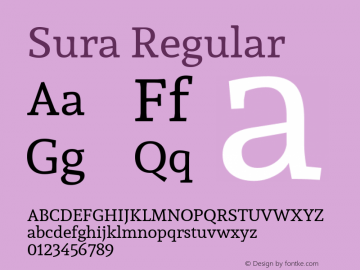 Sura Regular Version 1.003;PS 001.002;hotconv 1.0.70;makeotf.lib2.5.58329 DEVELOPMENT; ttfautohint (v1.00) -l 8 -r 50 -G 200 -x 14 -D latn -f none -w G图片样张