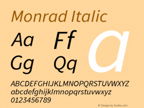 Monrad Italic Version 1.065;PS Version 2.0;hotconv 1.0.78;makeotf.lib2.5.61930图片样张