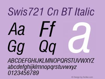 Swis721 Cn BT Italic mfgpctt-v4.4 Dec 22 1998 Font Sample