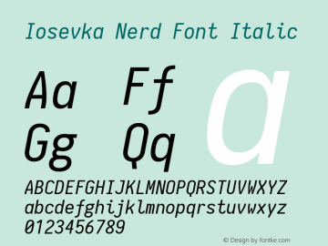 Iosevka Nerd Font Italic 1.8.4; ttfautohint (v1.5) Font Sample