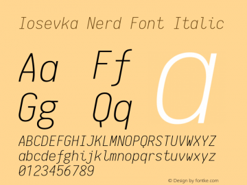 Iosevka Nerd Font Italic 1.8.4; ttfautohint (v1.5) Font Sample