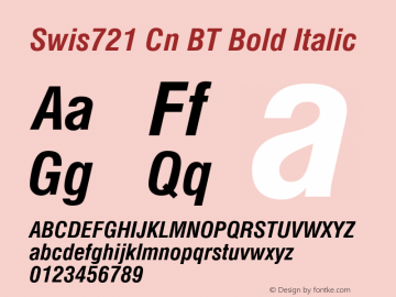 Swis721 Cn BT Bold Italic mfgpctt-v1.50 Thursday, December 31, 1992 10:35:32 am (EST) Font Sample