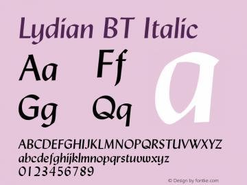 Lydian BT Italic mfgpctt-v1.52 Monday, January 25, 1993 3:18:55 pm (EST) Font Sample
