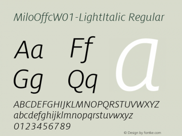 MiloOffcW01-LightItalic Regular Version 7.504 Font Sample