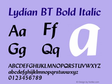Lydian BT Bold Italic Version 1.01 emb4-OT Font Sample