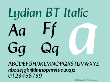 Lydian BT Italic mfgpctt-v1.52 Monday, January 25, 1993 3:18:55 pm (EST) Font Sample