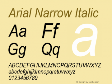 Arial Narrow Italic Version 2.0 - June 6, 1995 Font Sample