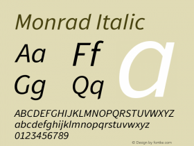 Monrad Italic Version 1.065;PS Version 2.0;hotconv 1.0.78;makeotf.lib2.5.61930图片样张