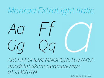 Monrad ExtraLight Italic Version 1.065;PS Version 2.0;hotconv 1.0.78;makeotf.lib2.5.61930图片样张