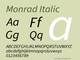 Monrad Italic Version 1.065;PS Version 2.0;hotconv 1.0.78;makeotf.lib2.5.61930 Font Sample